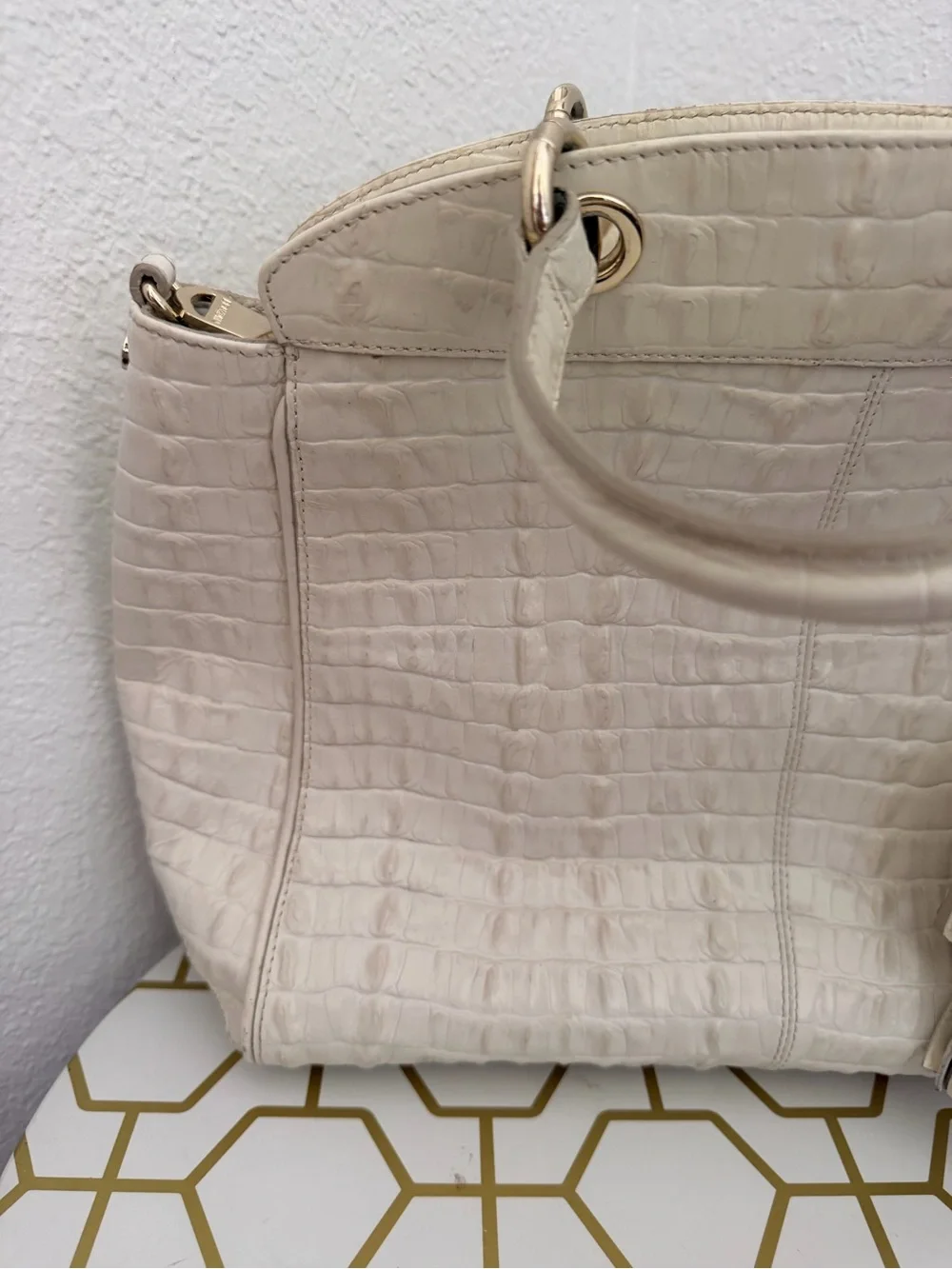 Brahmin Cream Croc-Embossed Tote with Tassel
